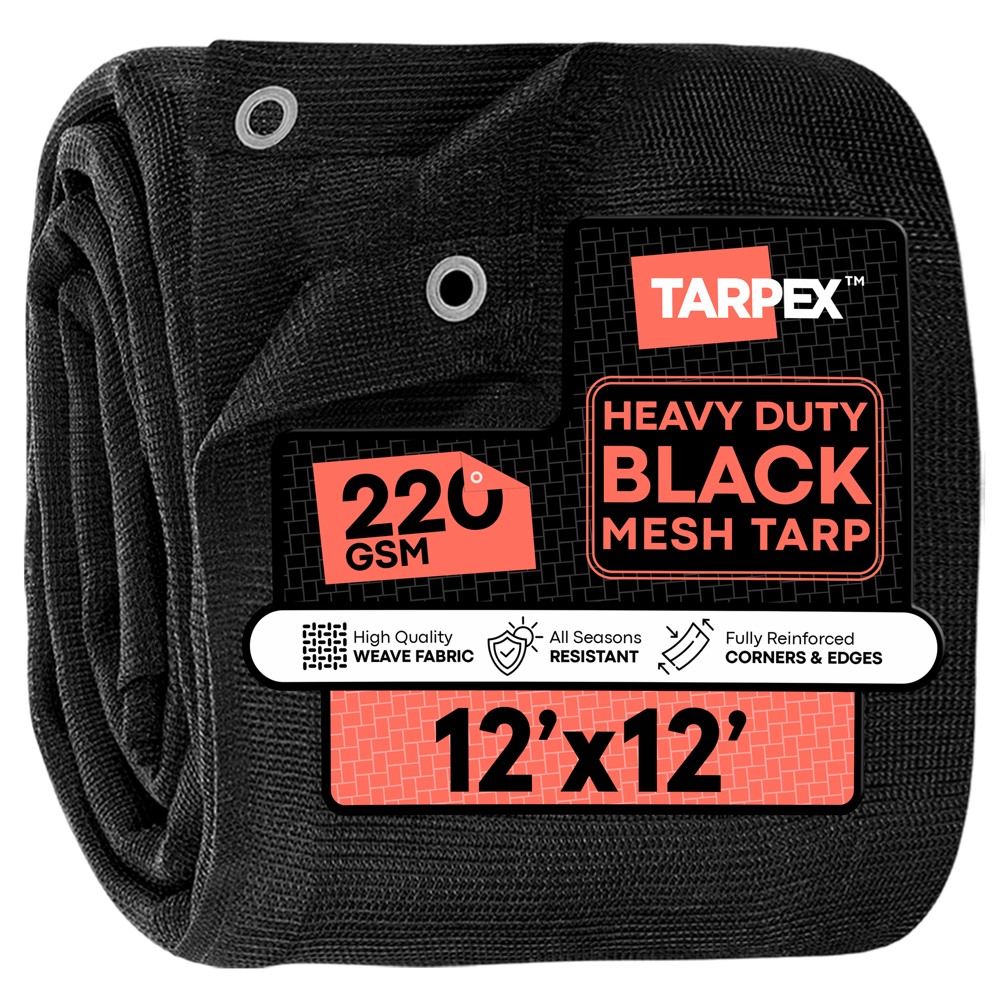 Tarpex Heavy-Duty Mesh Truck Tarp — 12ft. x 12ft., Weather-Resistant, 70% Shade, 6.5 Oz., Black Polyethylene, Model# BMT-TA-1212